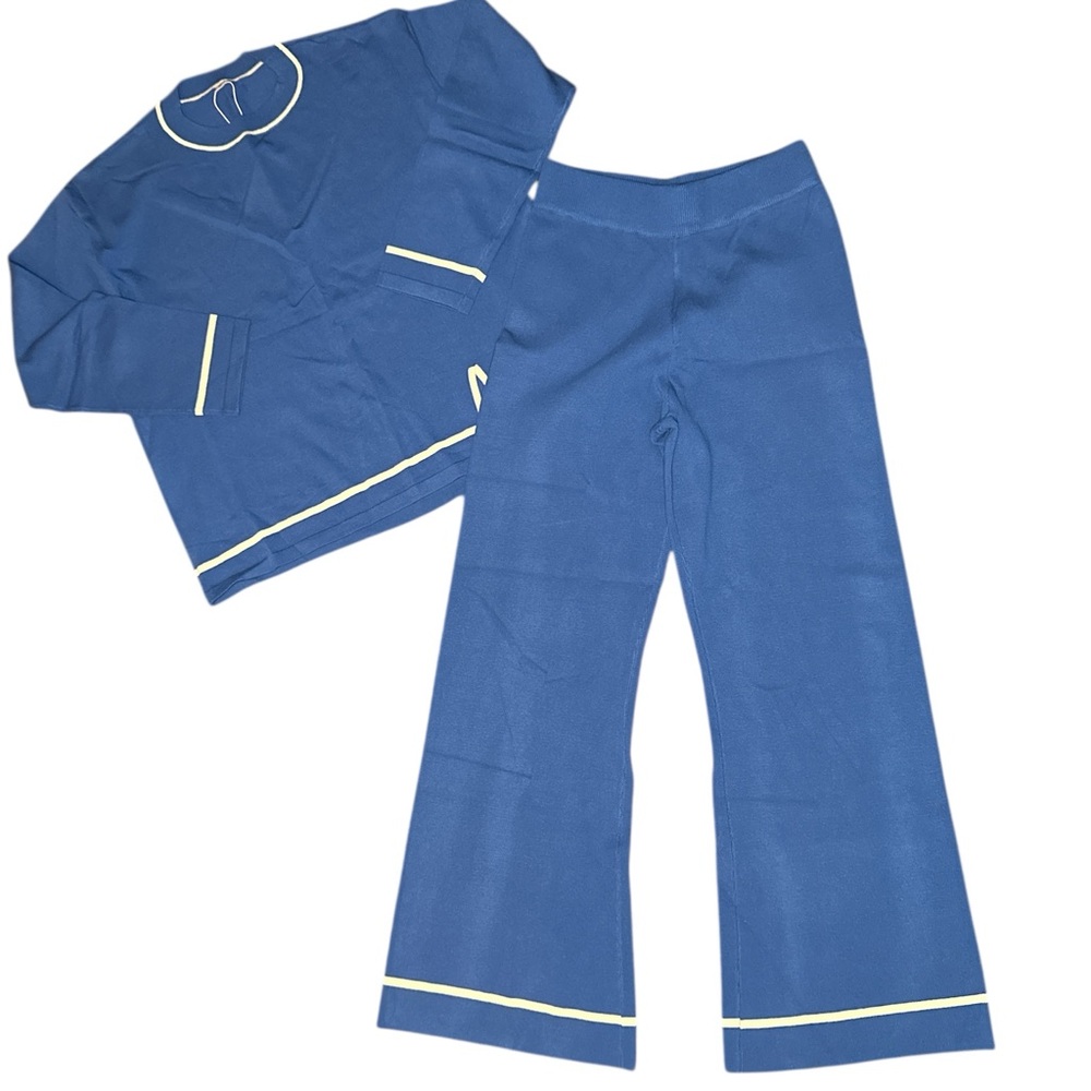12Crazy Blue Knit Lounge Set Minimalist Contrast Trim Wide Leg Long Sleeve M NWT